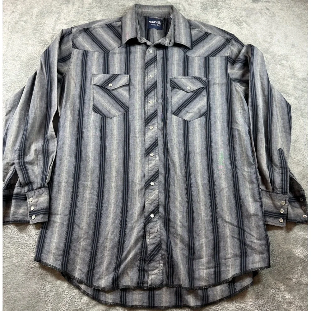 Wrangler Western Snap Shirt‎ Mens 17x37 XL Tall Gray Striped Pearl Snap